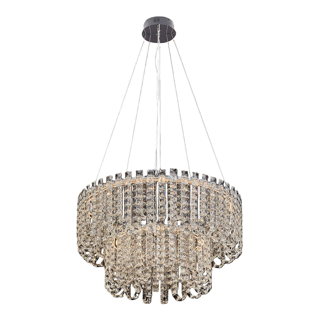 Round modern crystal chandelier with multiple hanging strands and gold metal base.