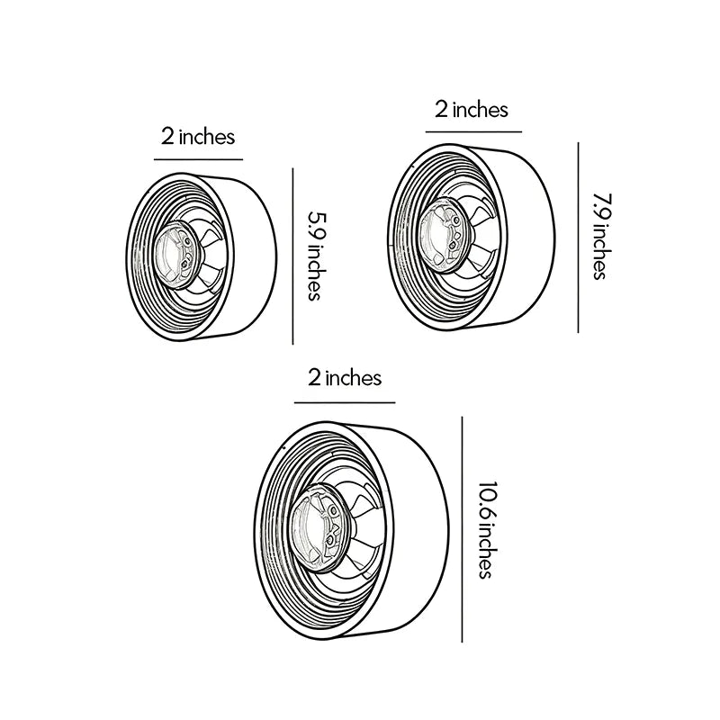 Round wall sconce dimension drawing showing multiple size options and fixture measurements.