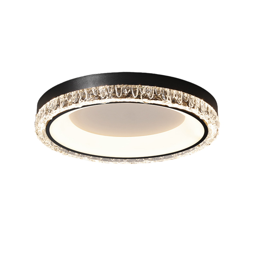 Round white flush mount ceiling light with sparkle-effect crystal trim and a black outer frame accent.
