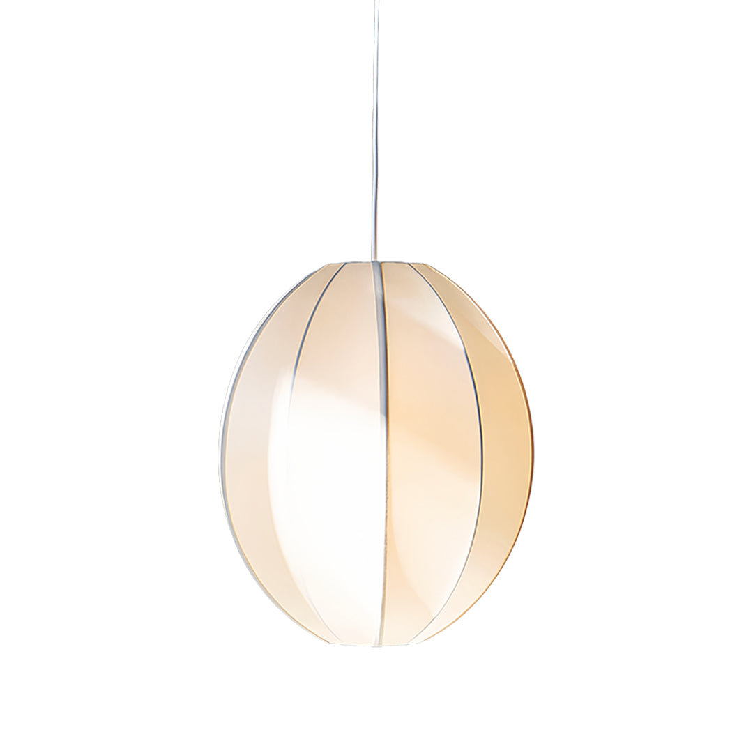 Round fabric shade pendant light with natural wood accents and contemporary styling