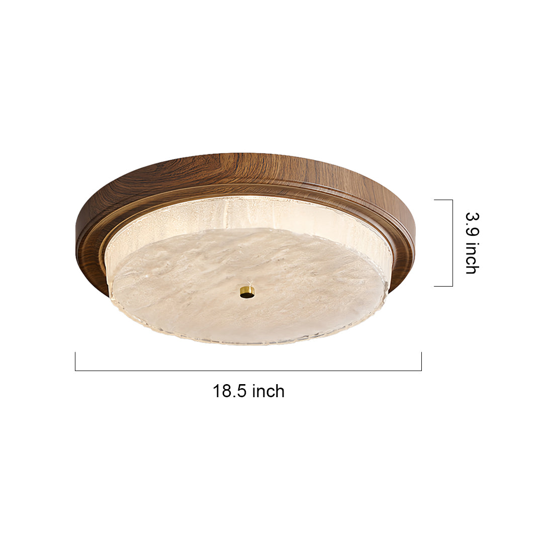 Round wood flush mount ceiling light with woven rim detail and white glass diffuser