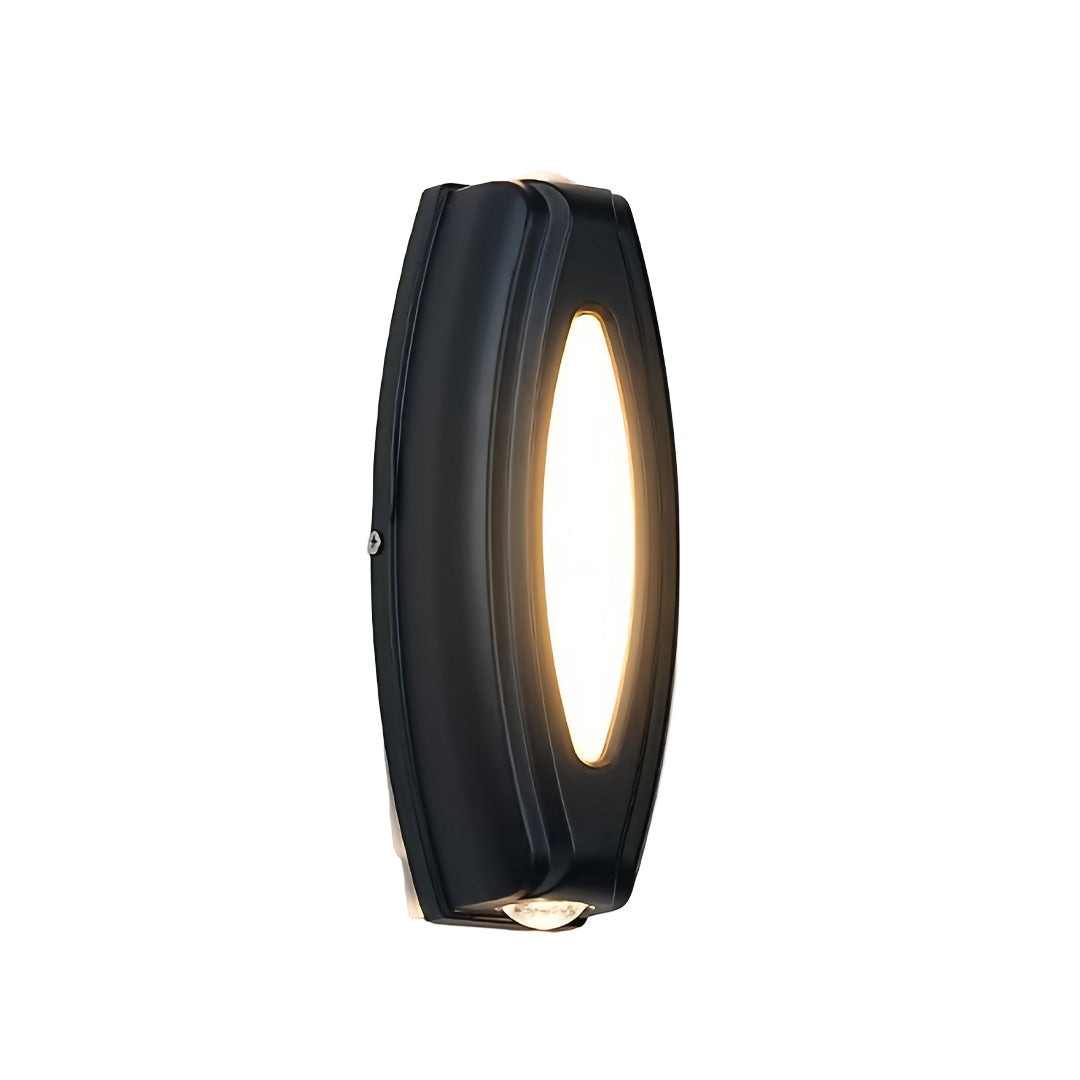 Compact rounded outside up down wall lights with textured edges and warm directional illumination.