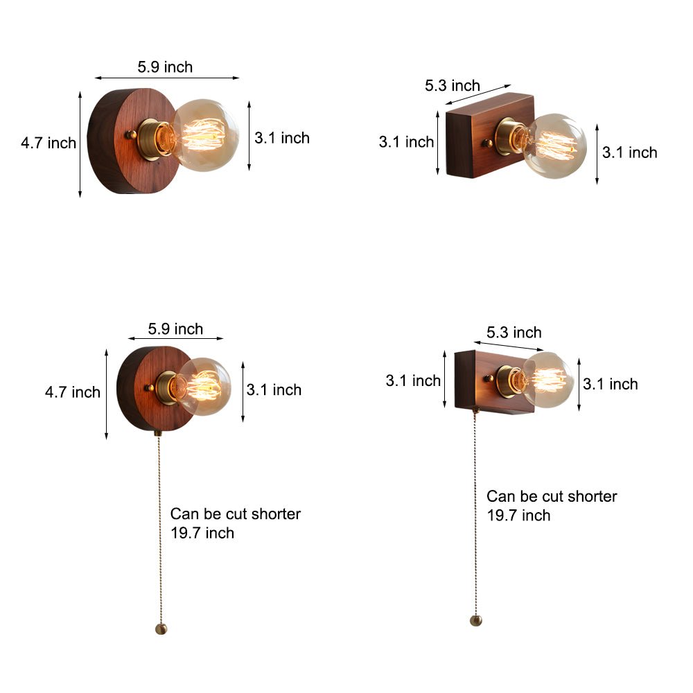 Round/Square Vintage Walnut Wood Wall Lamp 1 - light with Pull Chain Switch