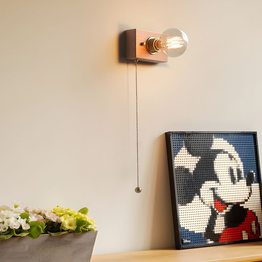 Round/Square Vintage Walnut Wood Wall Lamp 1 - light with Pull Chain Switch