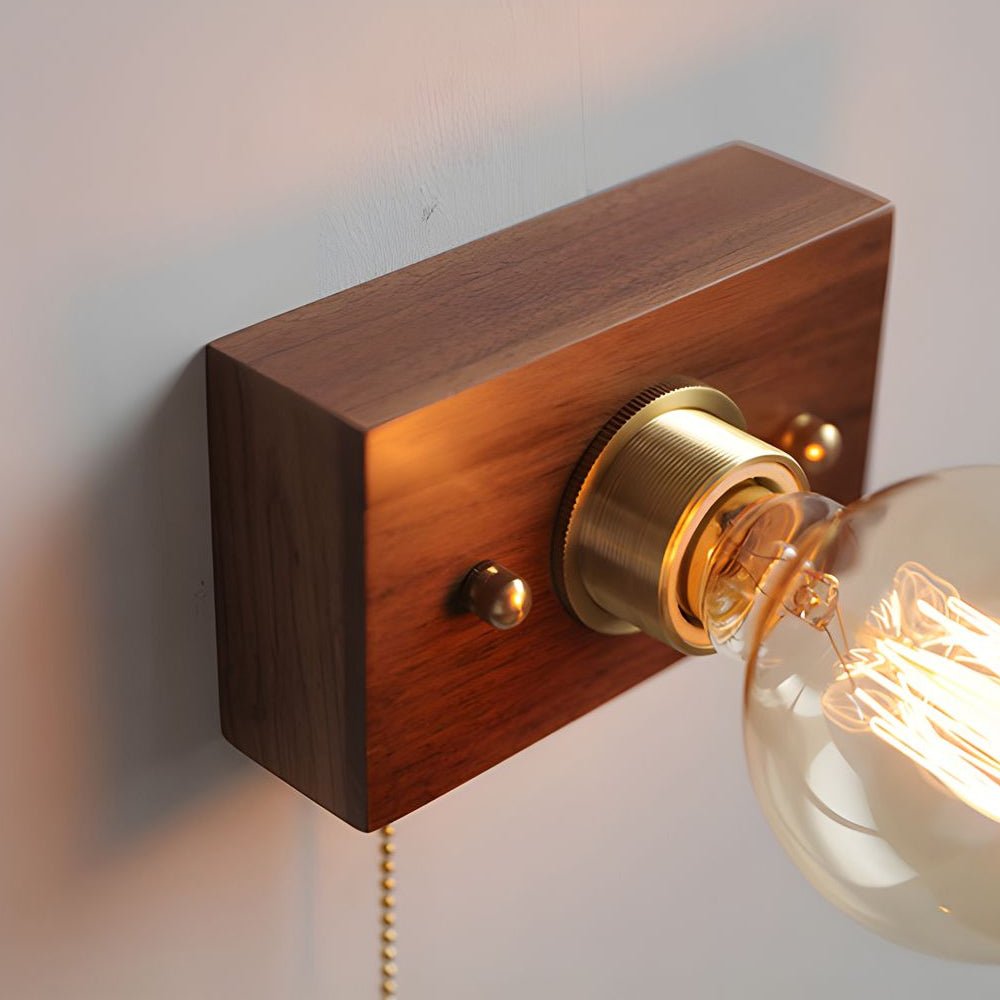 Round/Square Vintage Walnut Wood Wall Lamp 1 - light with Pull Chain Switch