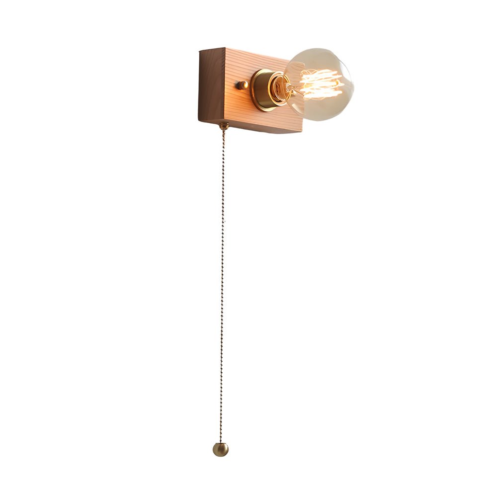 Round/Square Vintage Walnut Wood Wall Lamp 1 - light with Pull Chain Switch