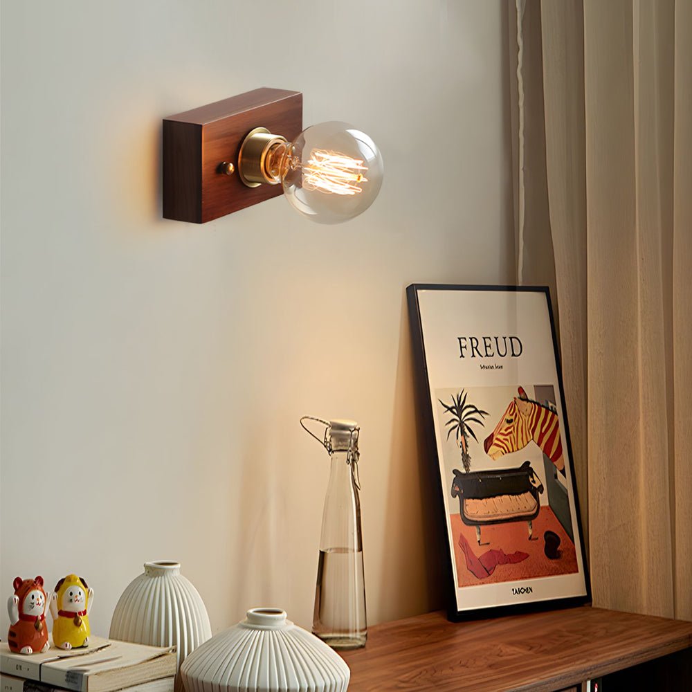 Round/Square Vintage Walnut Wood Wall Lamp 1 - light with Pull Chain Switch