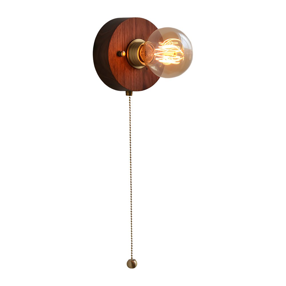 Round/Square Vintage Walnut Wood Wall Lamp 1 - light with Pull Chain Switch