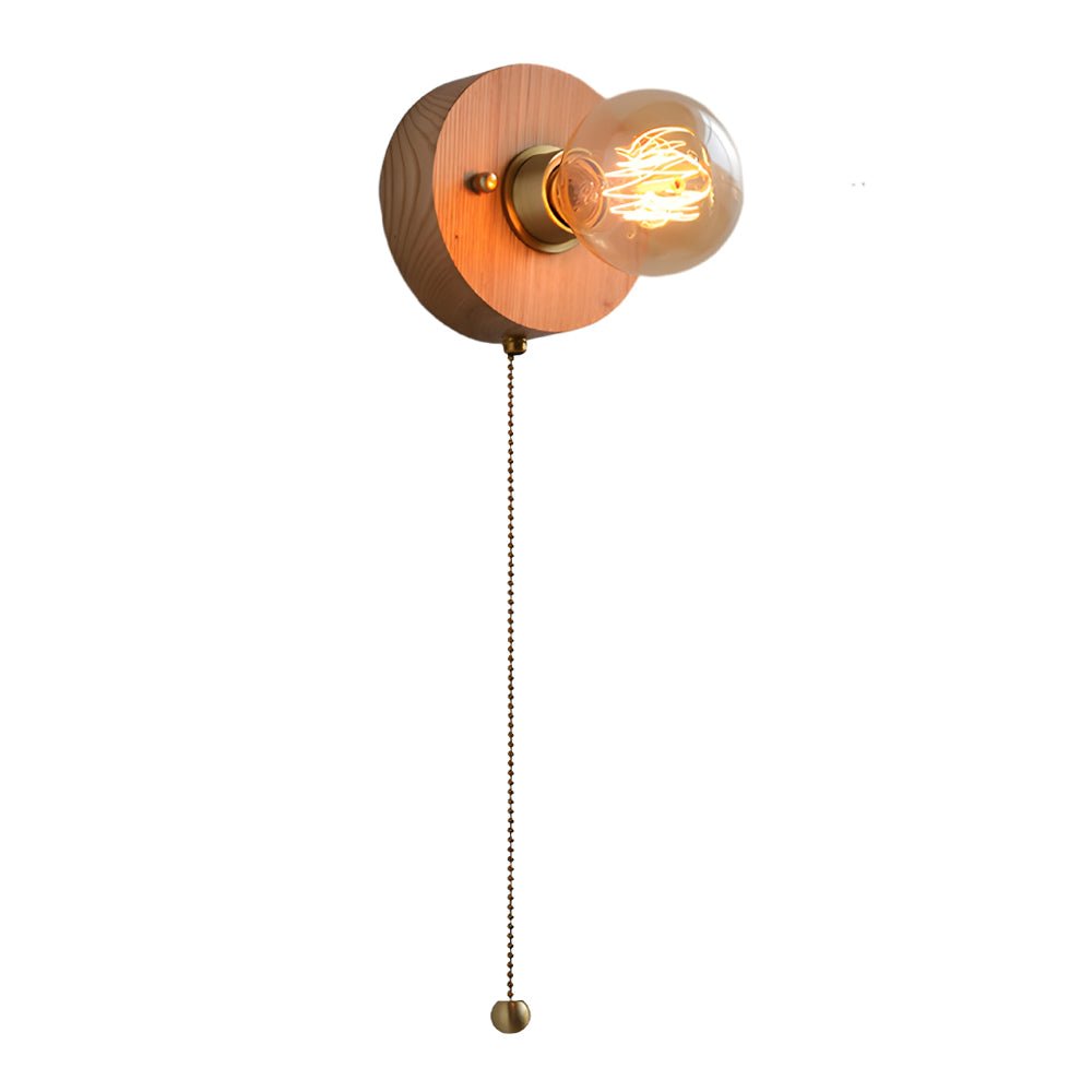 Round/Square Vintage Walnut Wood Wall Lamp 1 - light with Pull Chain Switch
