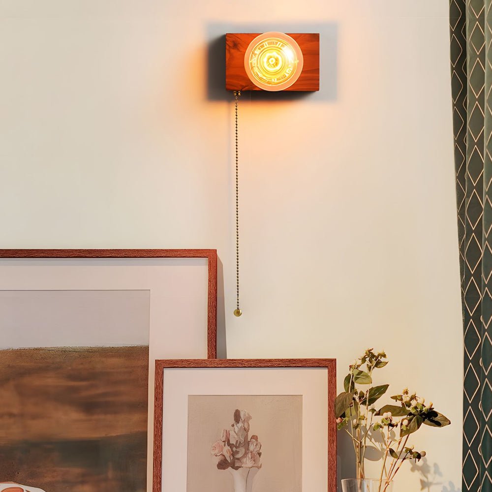 Round/Square Vintage Walnut Wood Wall Lamp 1 - light with Pull Chain Switch