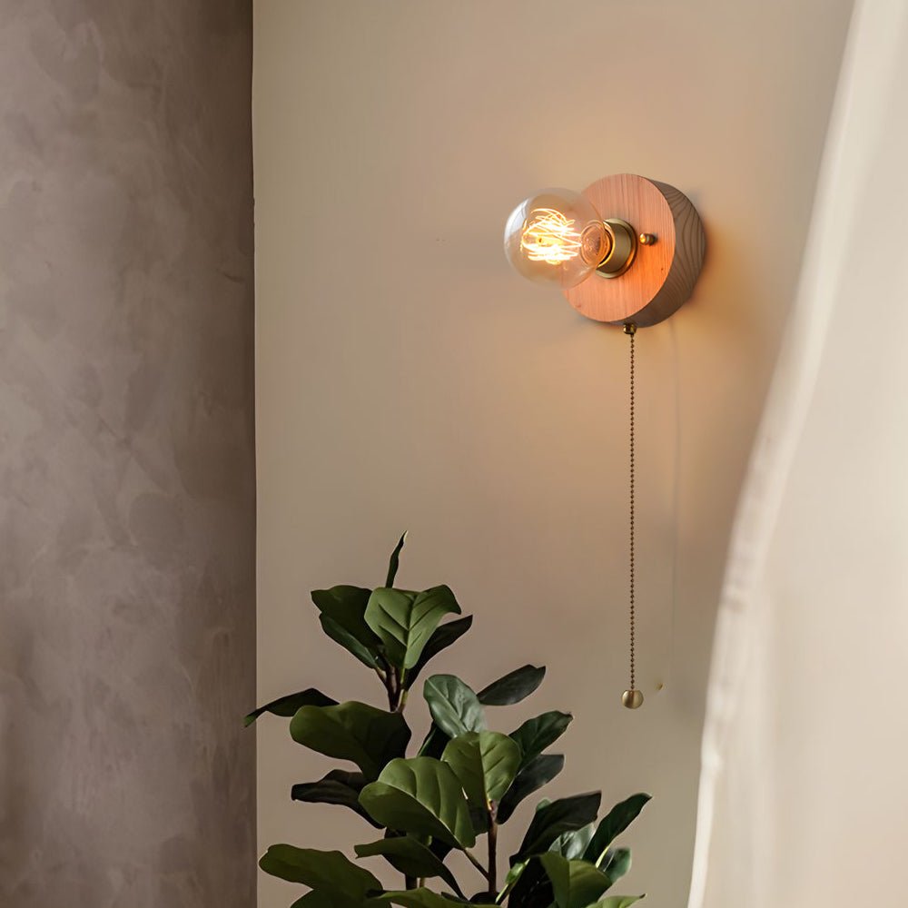 Round/Square Vintage Walnut Wood Wall Lamp 1 - light with Pull Chain Switch