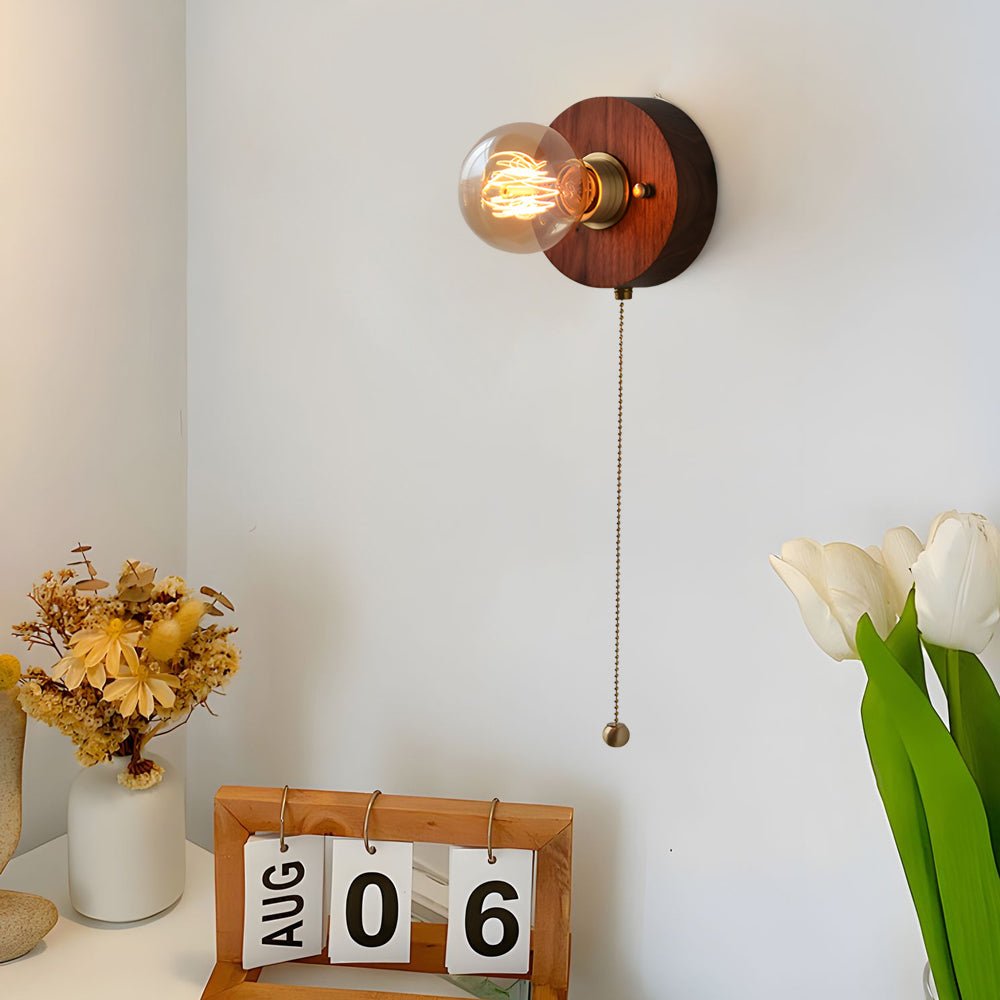 Round/Square Vintage Walnut Wood Wall Lamp 1 - light with Pull Chain Switch