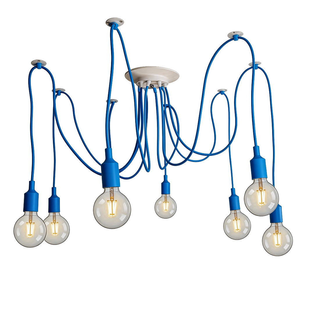 Modern royal blue spider chandelier with multiple adjustable cords.
