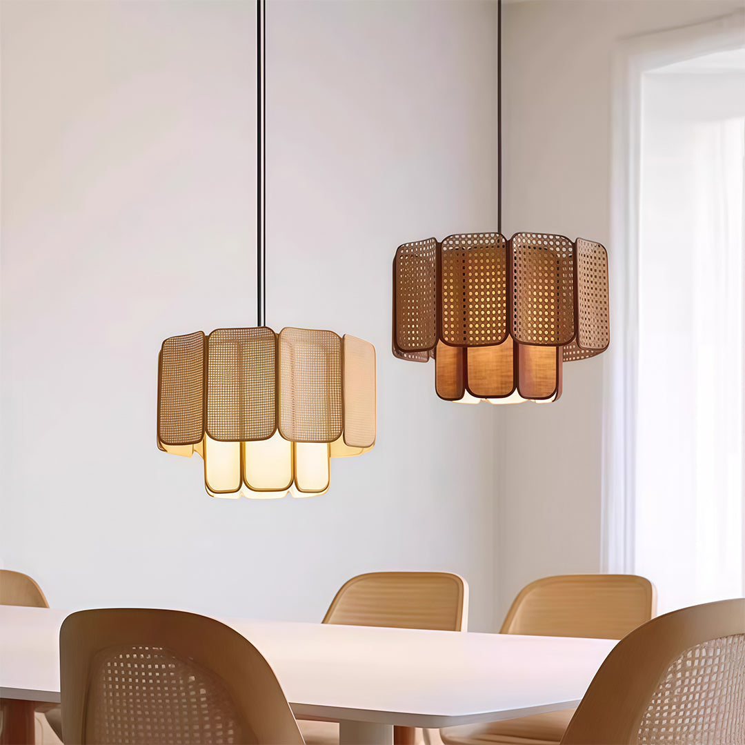 Bamboo pendant light adding a rustic charm to a minimalist dining space, providing warm and inviting light.