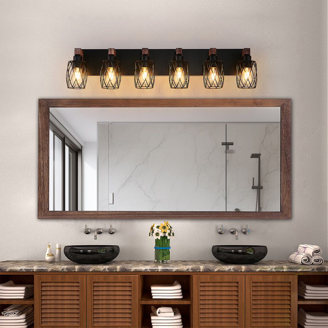 Black vanity bathroom light with three bulbs, adding a modern touch to a rustic bathroom decor.