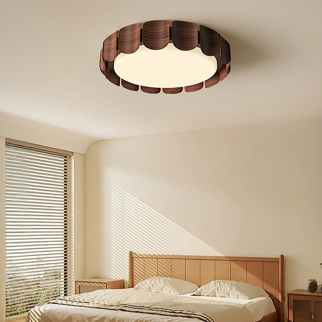 Rustic wood glass shade chandelier with modern LED ceiling light in bedroom setting