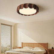 Rustic wood glass shade chandelier with modern LED ceiling light in bedroom setting