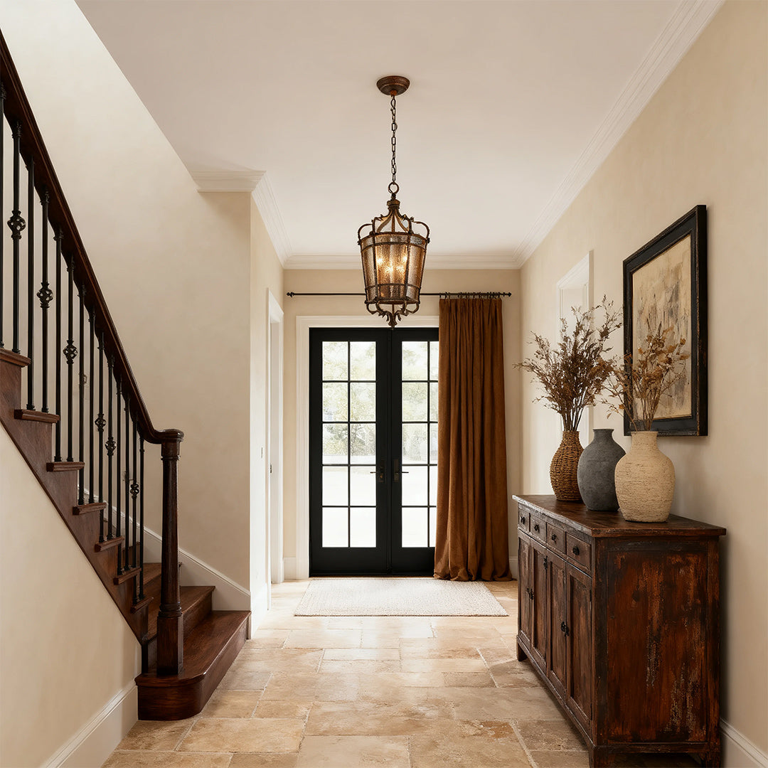 Rustic-chic Italian pendant light hanging in a classic entryway with a sweeping staircase and terracotta-style tiled floor.