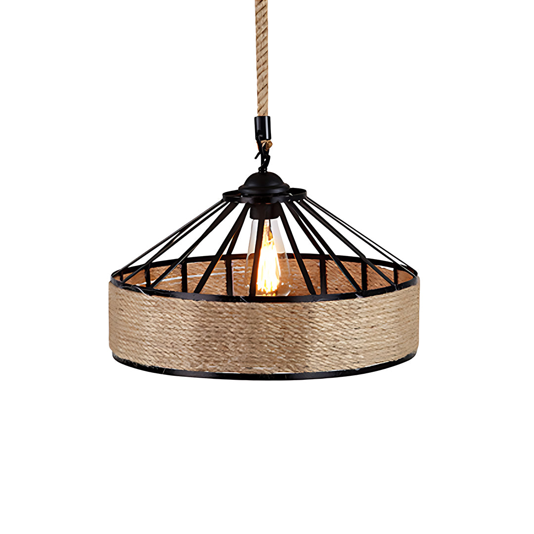 Rustic circular pendant light with woven shade, elegant and natural indoor lighting fixture