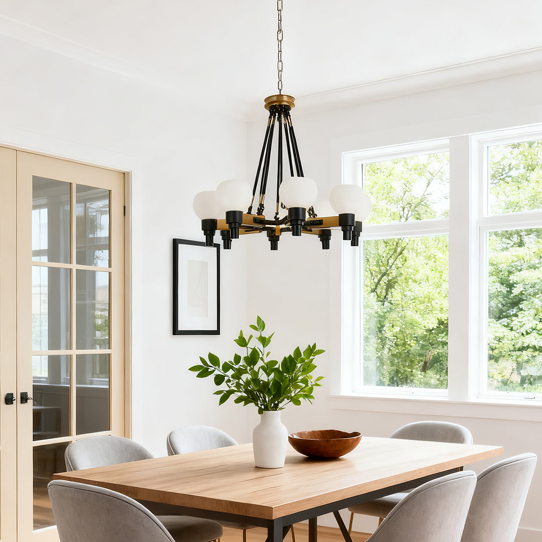 Rustic farmhouse 8 light chandeliers with a dark, geometric metal frame, installed in a vaulted ceiling above a large wooden dining table.