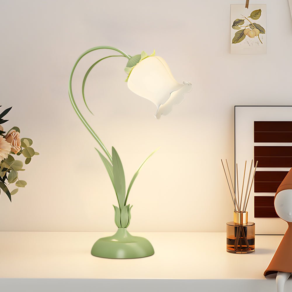 Rustic Green Desk Lamp with White Floral Shade and 3 - Step Dimming for Home Office