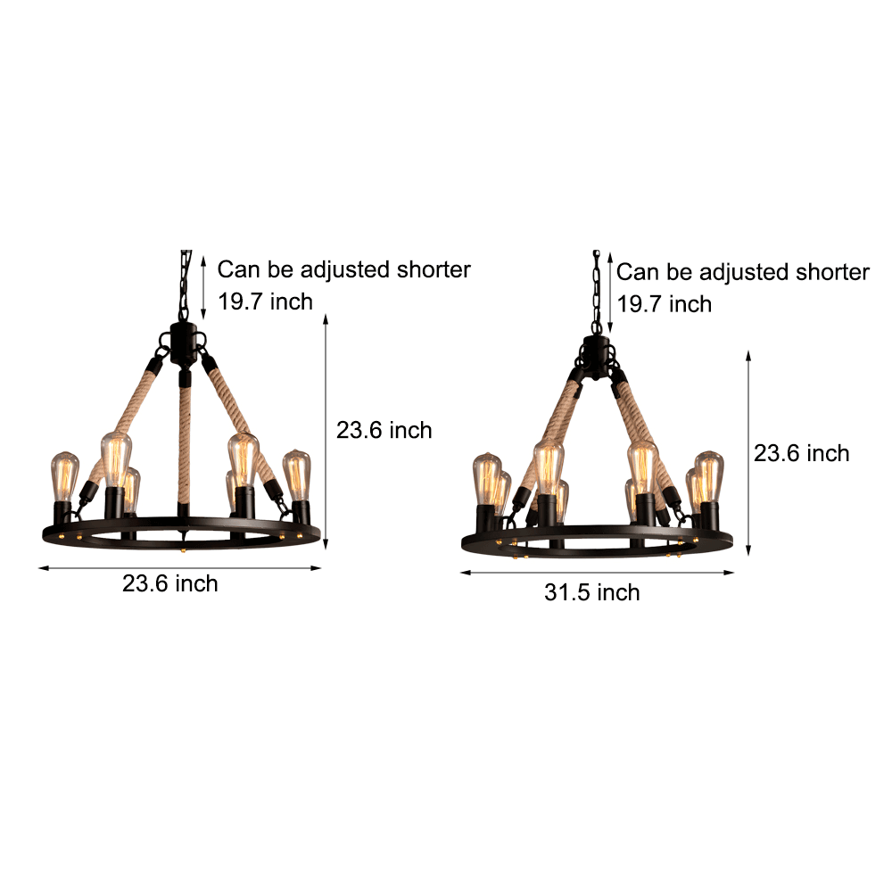 Rustic Industrial Hemp Rope Chandelier with Iron Frame