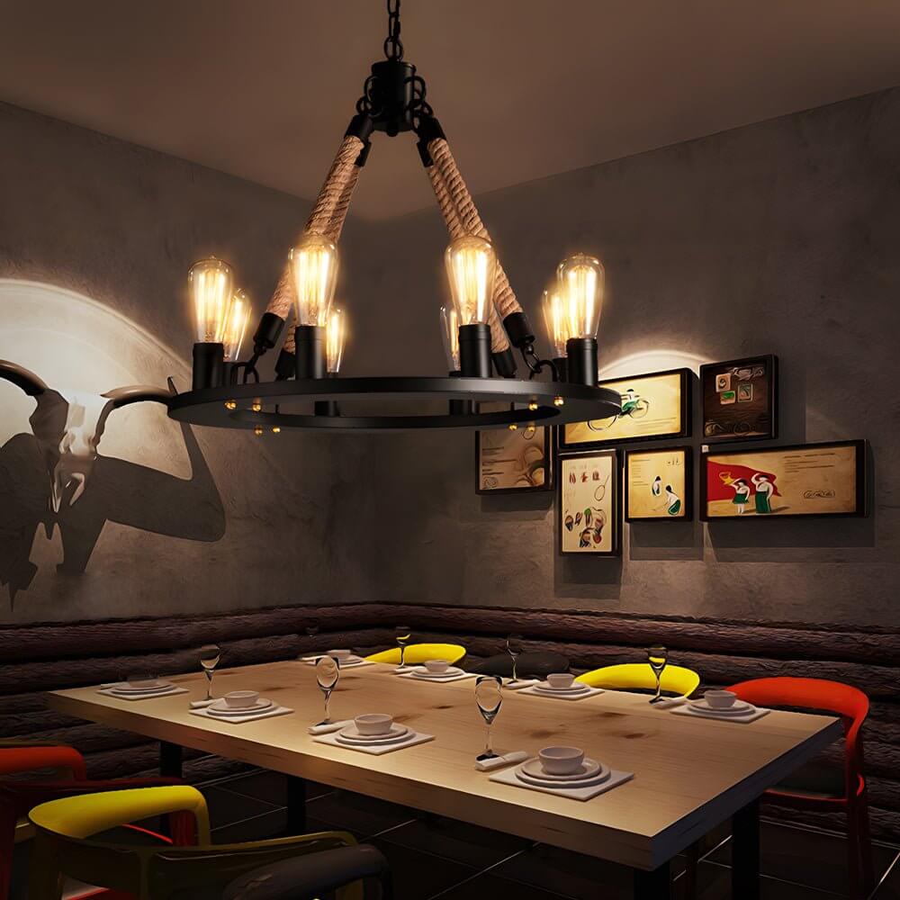 Rustic Industrial Hemp Rope Chandelier with Iron Frame