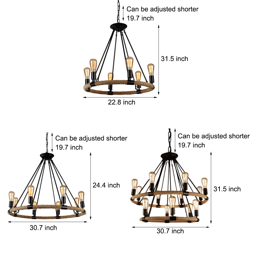 Rustic Industrial Hemp Rope Chandelier with Iron Frame