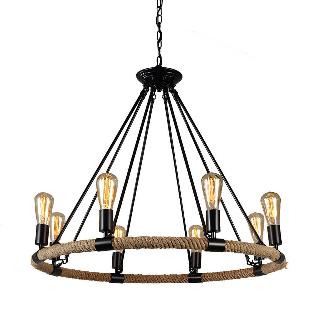 Rustic Industrial Hemp Rope Chandelier with Iron Frame