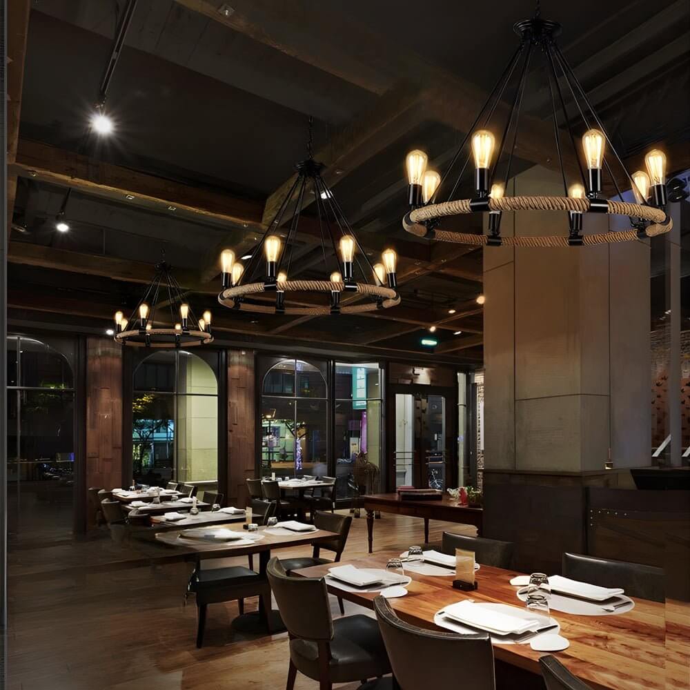 Rustic Industrial Hemp Rope Chandelier with Iron Frame