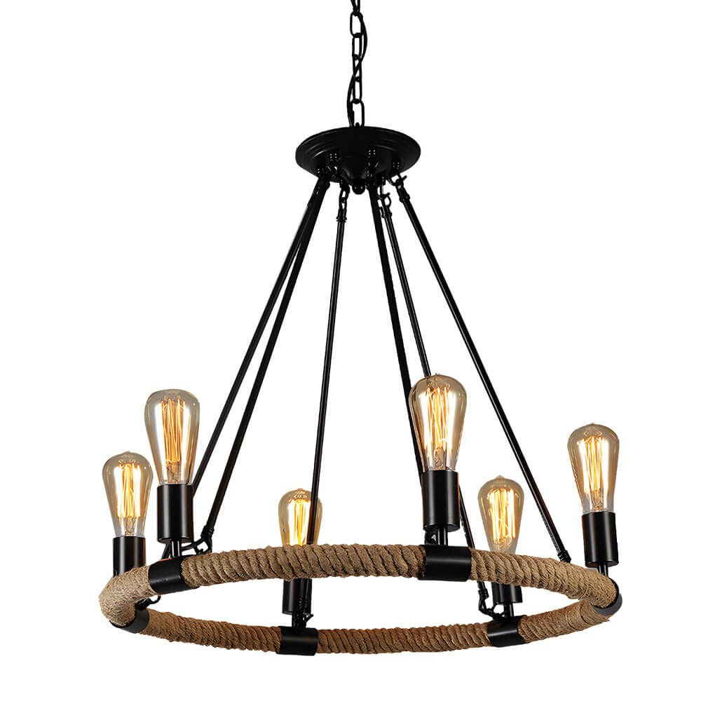 Rustic Industrial Hemp Rope Chandelier with Iron Frame