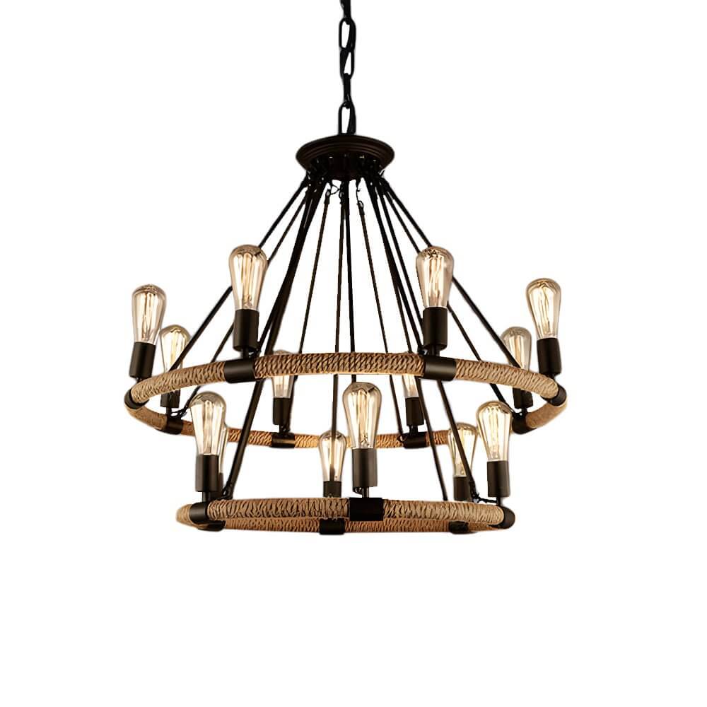 Rustic Industrial Hemp Rope Chandelier with Iron Frame
