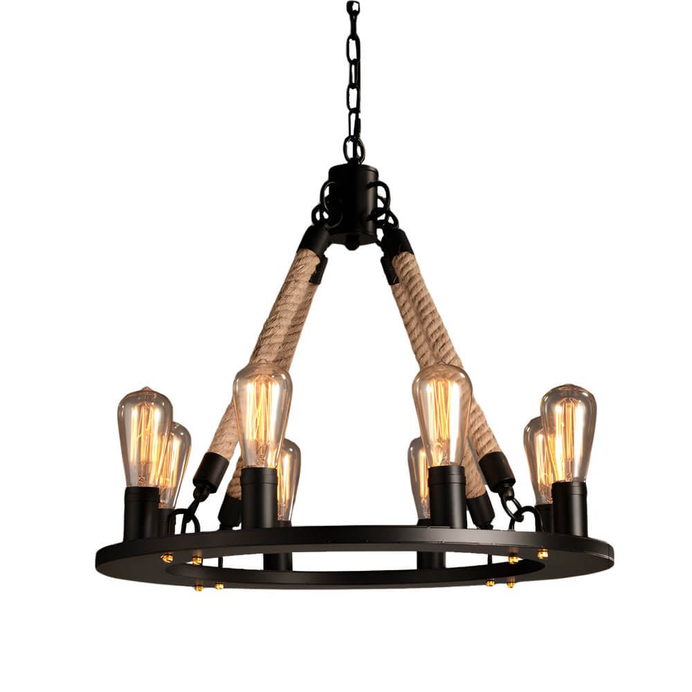 Rustic Industrial Hemp Rope Chandelier with Iron Frame