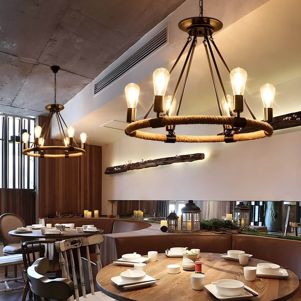 Rustic Industrial Hemp Rope Chandelier with Iron Frame