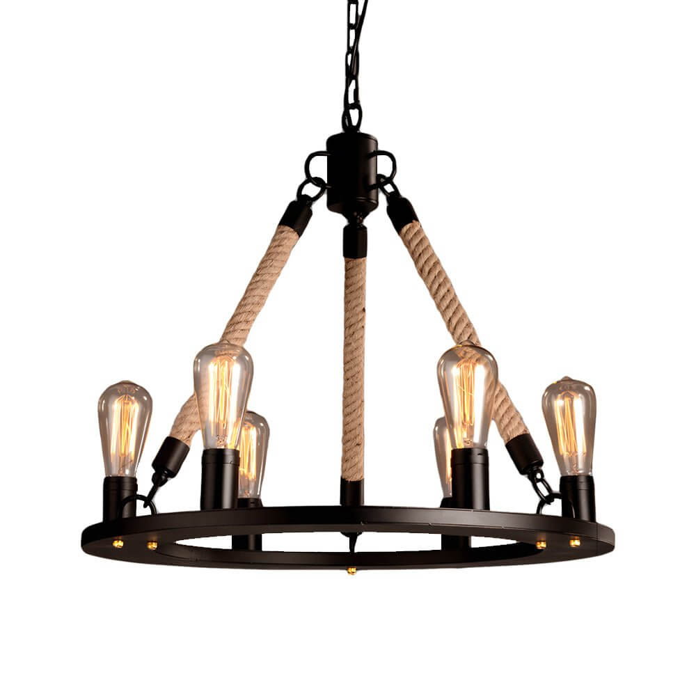 Rustic Industrial Hemp Rope Chandelier with Iron Frame