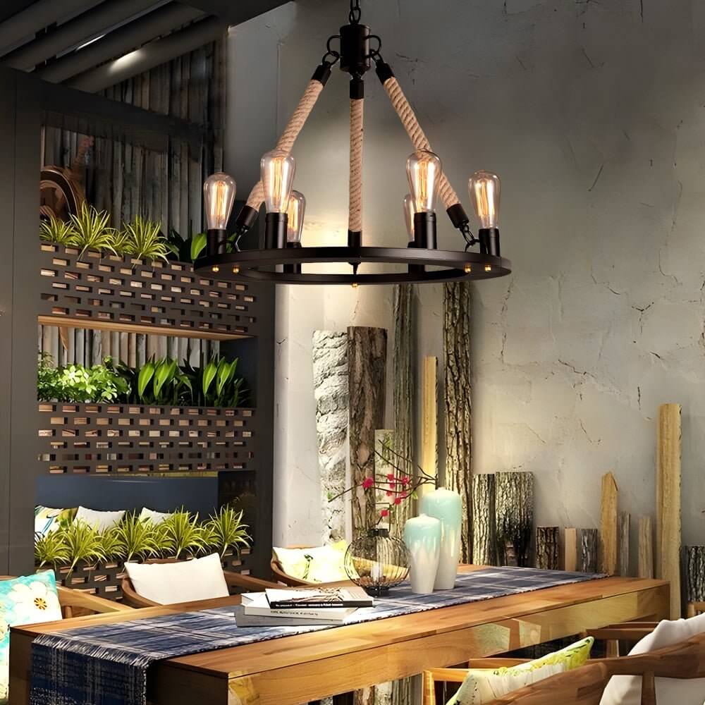 Rustic Industrial Hemp Rope Chandelier with Iron Frame