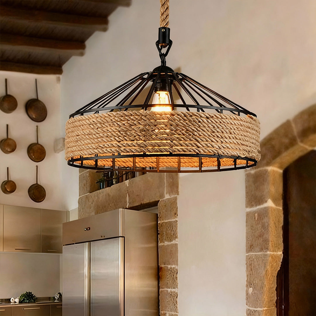 Circular pendant light in a rustic kitchen, stylish and functional ceiling lighting solution