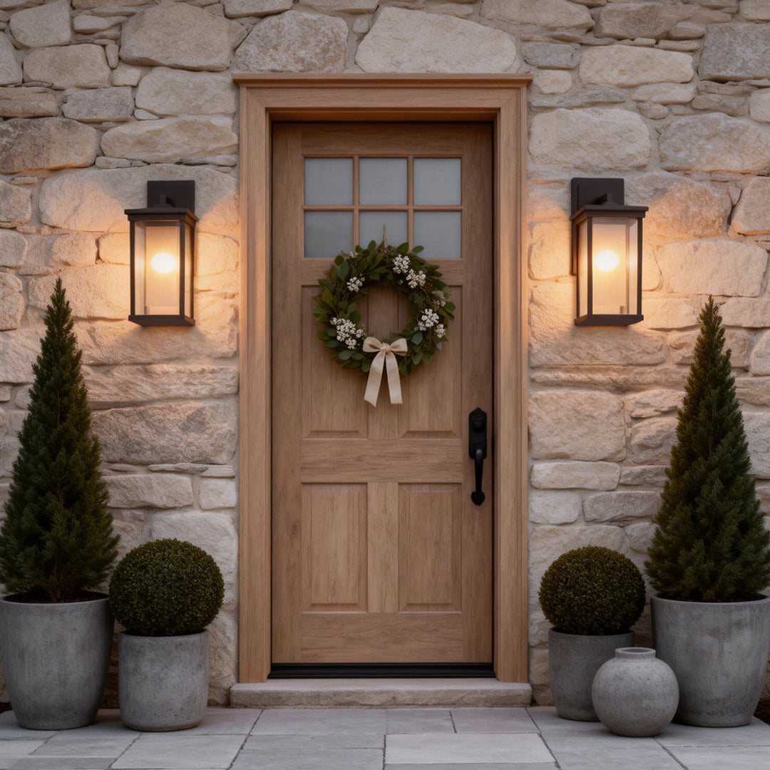 Rustic outdoor wall mounted light fixture illuminating a wooden front door with festive holiday wreath and potted plants. 