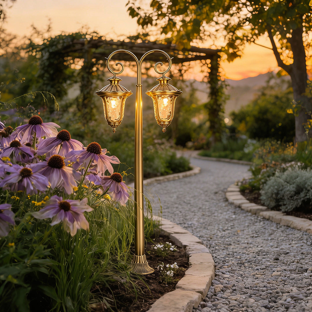 Rustic path lighting outdoor along a winding garden path, blending seamlessly with natural surroundings.