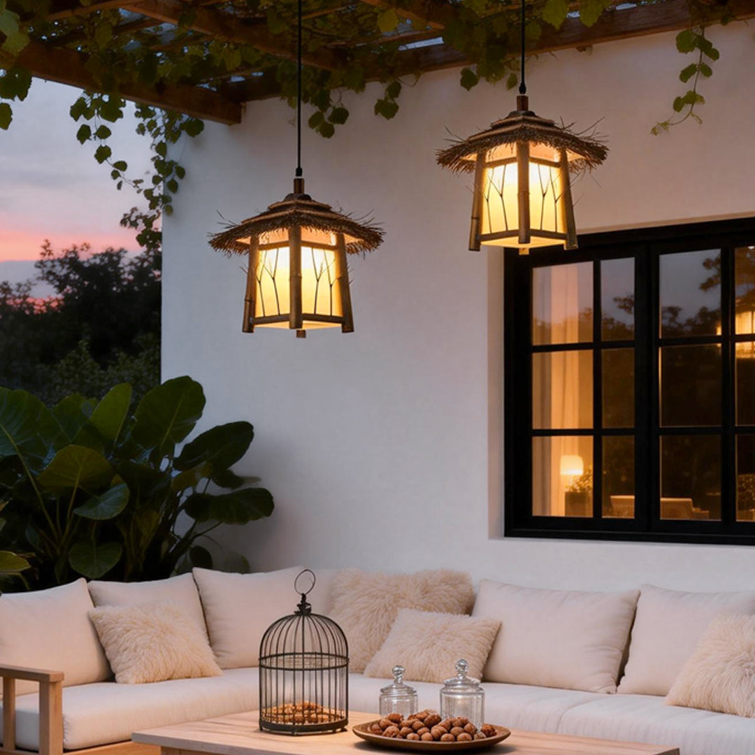 Rustic pendant light illuminating a cozy patio with soft, ambient light.