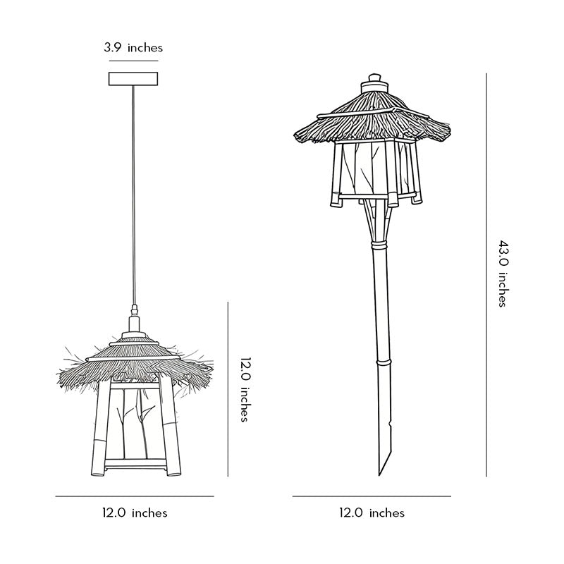 Line drawing of rustic pendant light dimensions, providing installation specifications.