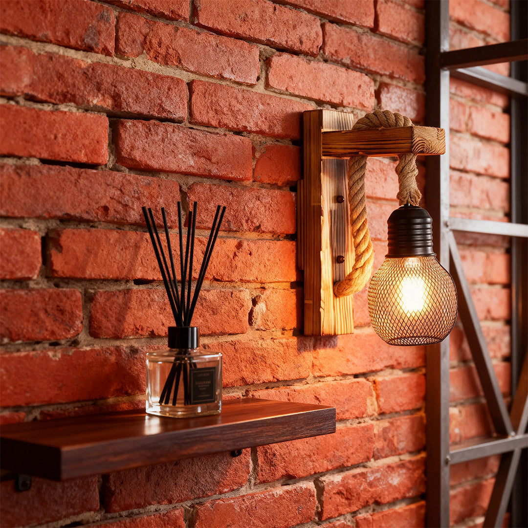 Rustic wall light fixture mounted on a red brick wall, illuminating a floating shelf with an essential oil diffuser.