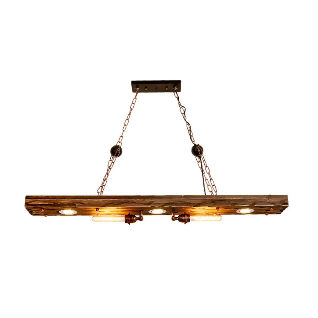 Wood and metal chandelier with a rustic beam design, exposed bulbs, and decorative chain suspension.