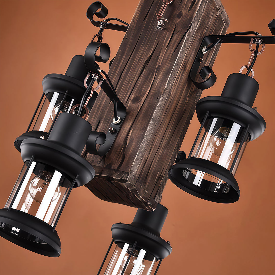 Rustic wood chandelier casting a gentle glow in a stylish dining room.