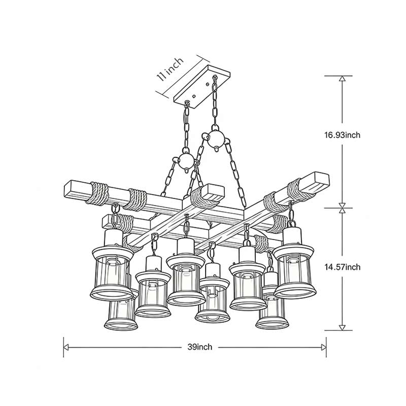 Technical dimension drawing illustrating installation size of rustic wood chandelier.