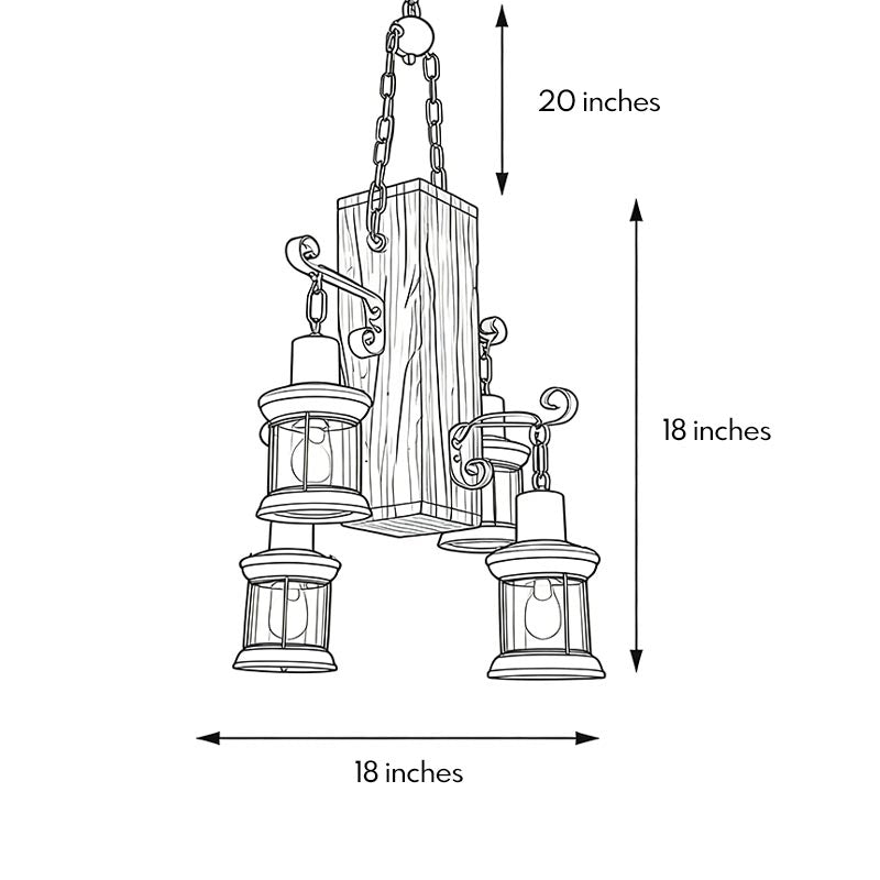 Rustic wood chandelier dimensions, front view with size specifications.