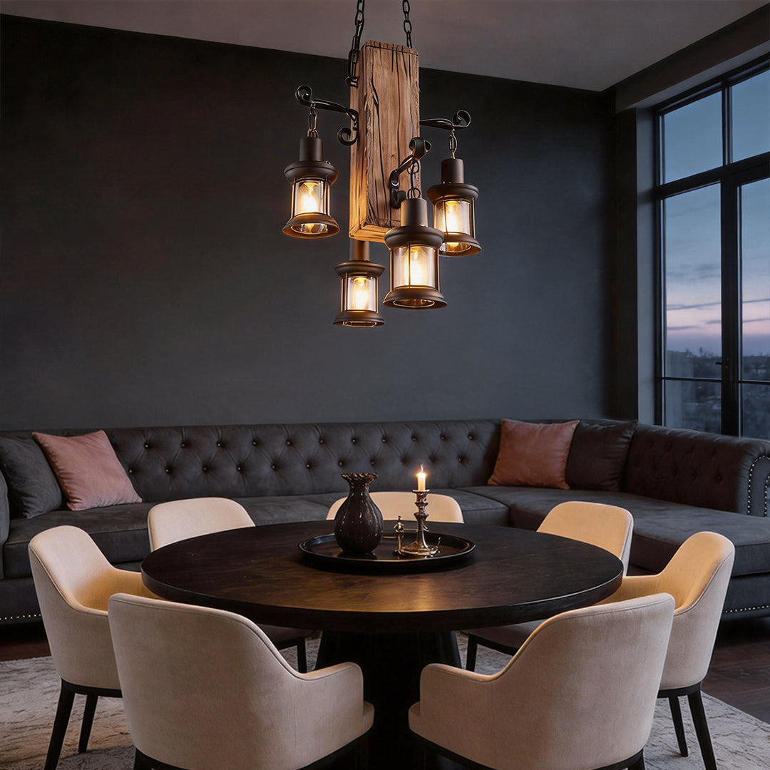 Rustic wood chandelier illuminating a modern dining room with warm, ambient glow.
