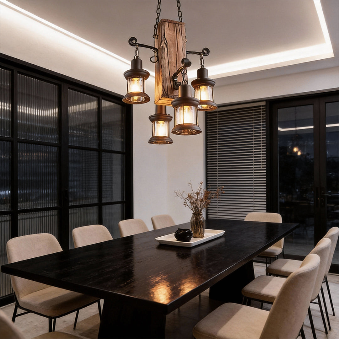 Rustic wood chandelier providing soft light above a contemporary dining table.