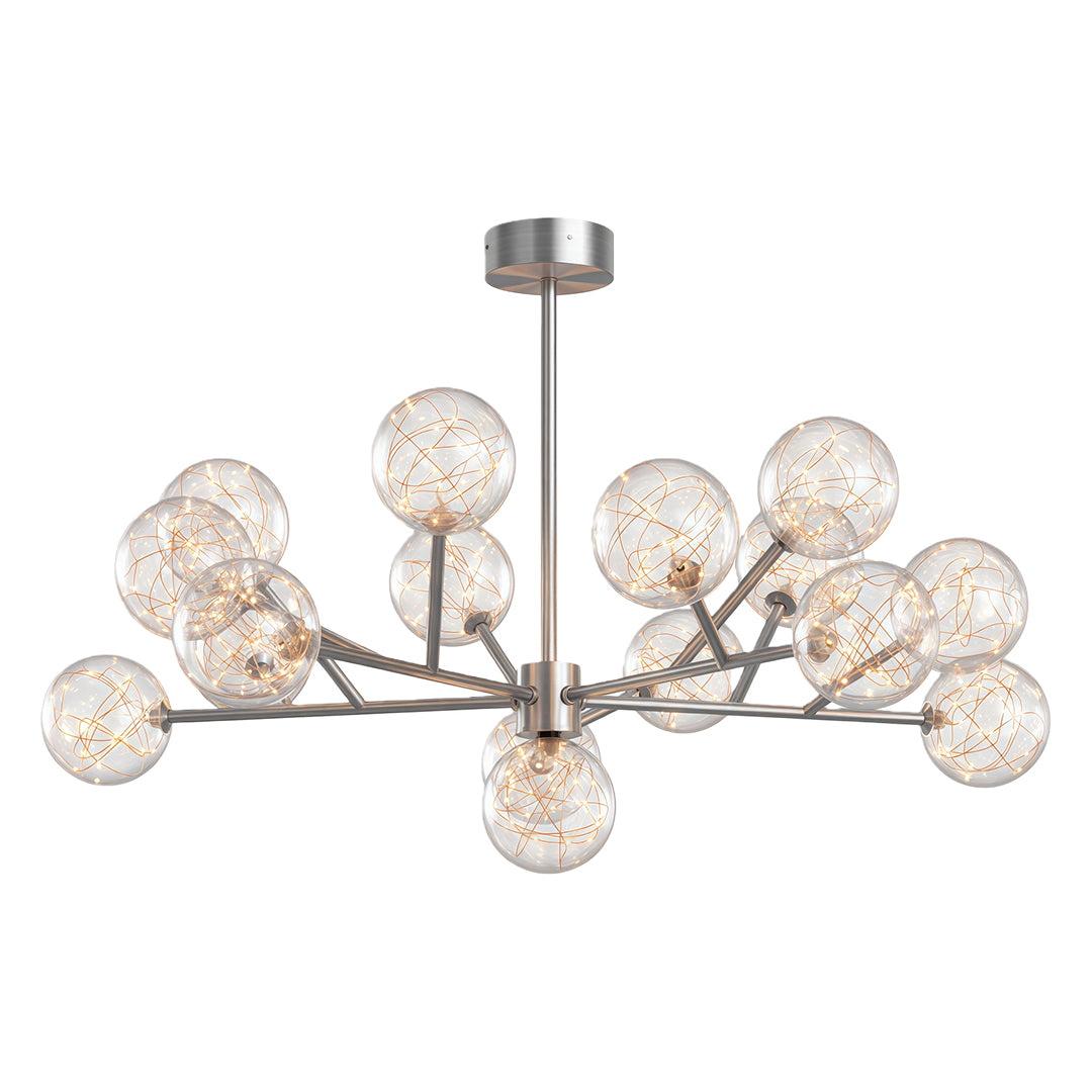 Modern glass globe chandelier featuring satin chrome with branching glass sphere pattern