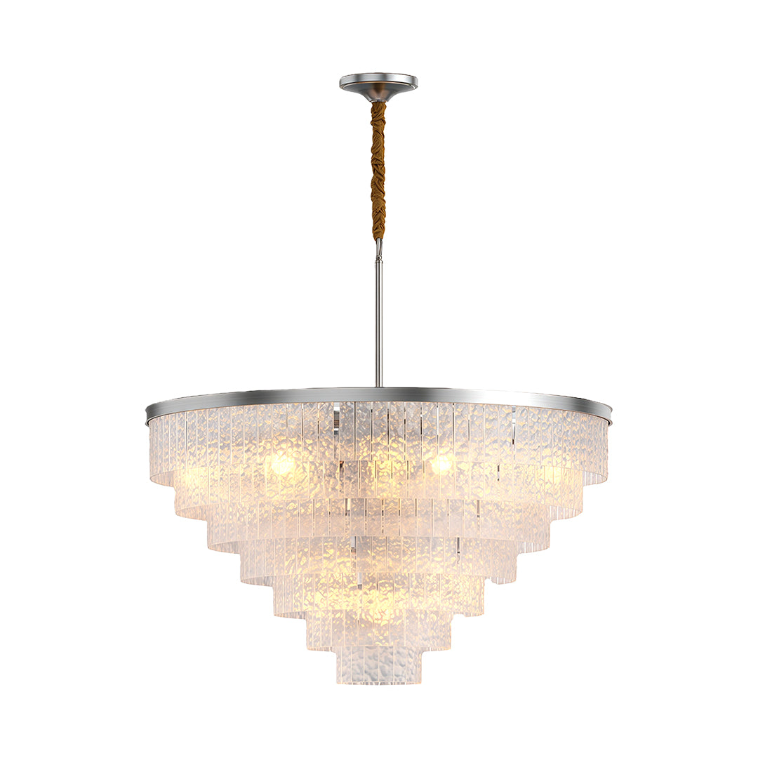 Round modern forms chandelier featuring satin chrome with elegant tiered crystal pattern.